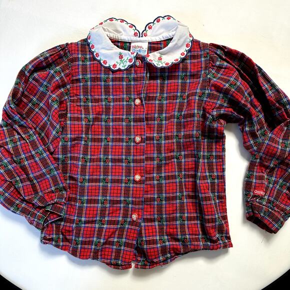 Vintage Osh Kosh Floral Plaid Button Up w/ Embroidered Scalloped Collar Sz 6 - Picture 2 of 9